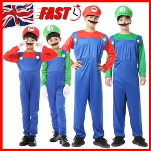 Adult Kids Super Mario and Luigi Outfit Cosplay Costume Fancy Dress Halloween UK - Picture 1 of 27