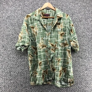 Covington Hawaiian Shirt Leaves Green Beige Mens Sz L Collared Buttons - Picture 1 of 7