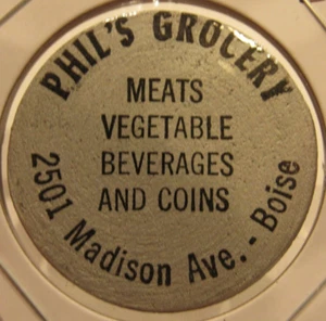 Vintage Phil's Grocery Boise, ID Holz Nickel - Medaille Idaho Ida. - Bild 1 von 2