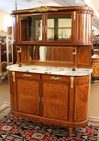 French Marble Top Inlaid Louis XVI Style Display Cabinet Sideboard Buffet Cover