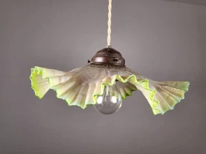 FRENCH ANTIQUE 1920s Hanging Glass Lamp Opalescent Green Pendant Light - Picture 1 of 10