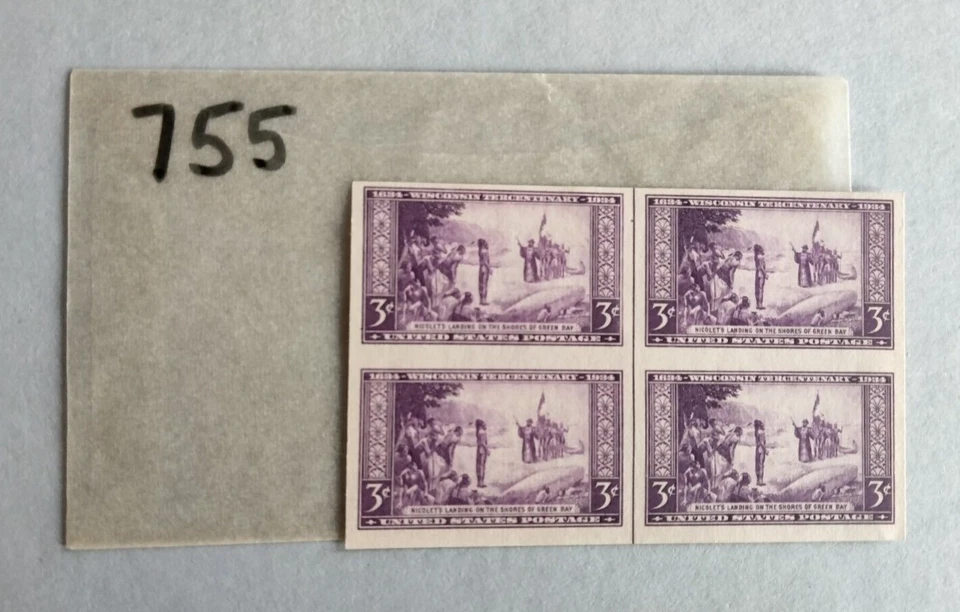 US Stamps, Scott #755, 1 block of 4, Nicolet's Landing, NGAI, MNH - Image 1 of 1