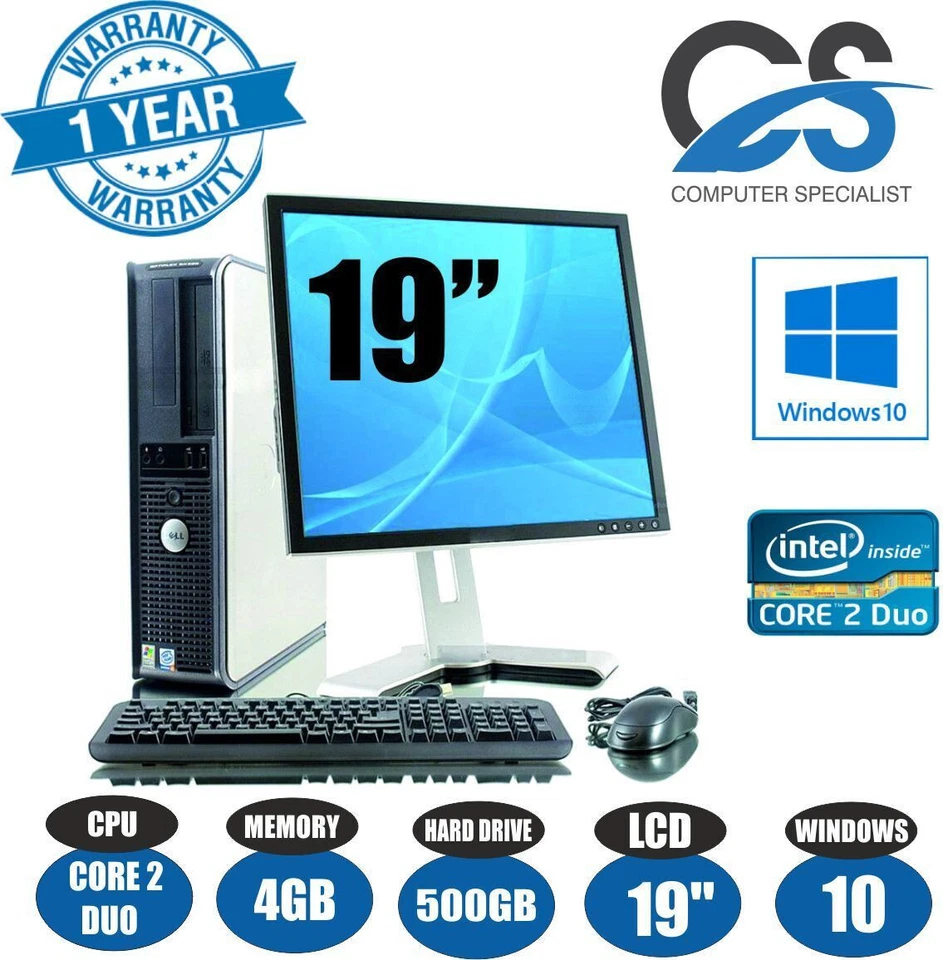 Windows 10 Ordenador Dell Escritorio PC Intel Core 2 Dual 4GB RAM 500GB HDD 19'' - Imagen 1 de 1