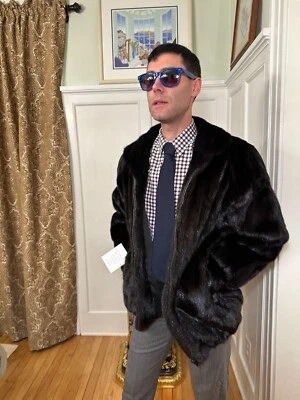 29" Mens Black Ranch Mink Real Fur Coat Bomber Jacket Size 40R Medium - Image 1 of 4