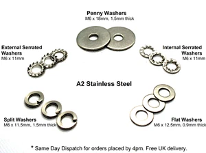 20 x Lavadoras M6 Penny Split/ Resorte Int/ Ext Serrated o Plano A2 Acero Inoxidable - Imagen 1 de 15