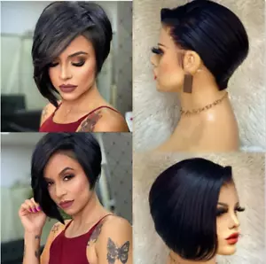 Short Pixie Cut Bob Wig Black Straight Synthetic Hair Wig Heat Safe With Bangs - Picture 1 of 7