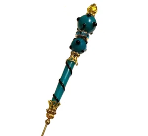 HATPIN with Slim Murano GREEN Glass Lampwork Bead in a Gold Finish Setting - 8in - Picture 1 of 9