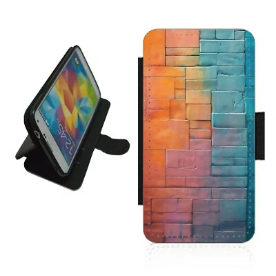 Brick wall design Phone case wallet flip For iPhone Samsung COL1 orange blue - Image 1 of 4