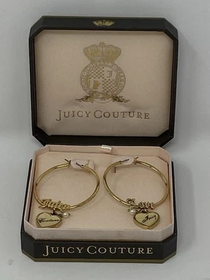 Juicy Couture Hoop Earrings Gold Tone With Hearts Pearls And Logo “Love Juicy” - Image 1 of 4