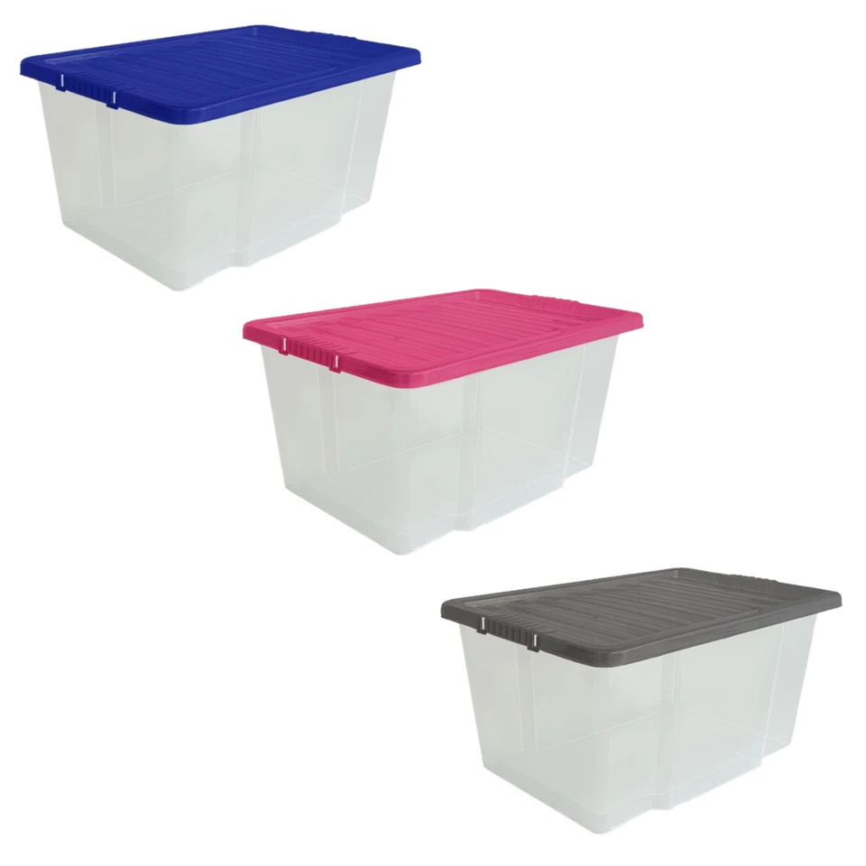 50L Plastic Storage Boxes with Colour Lids Quality Stackable Home Office Kitchen - Image 1 of 4
