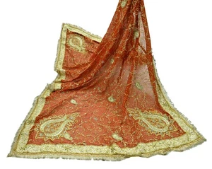 Vintage Heavy Dupatta Orange Pure Chiffon Silk Stole Hand Embroidered Veil Dabka - Picture 1 of 22