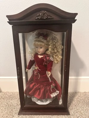 Camellia Gardens 16" Porcelain Doll in Red, In a Wood Case by Brass Key  - Image 1 of 3