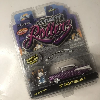Figuras Jada Toys Homie Rollerz 57 Chevy Bel Air púrpura niño triste y Popo Foto 1 de 4