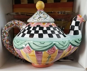 MacKenzie Childs Taylor Odd Fellows Ceramic Tea Pot Kettle 2 qt Retired w/ Lid - Picture 1 of 17