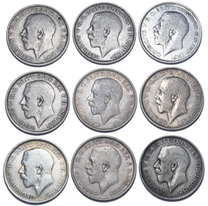 1911 - 1919 Florins Lot (9 Münzen) - George V British Silver Coins - Date Run - Bild 1 von 2