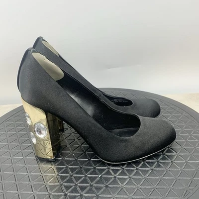 Tory Burch Ciara Tacones Mujer Talla 7.5 Negro Satinado Zapatos Y2K Diamante Tacón Grueso Foto 1 de 4