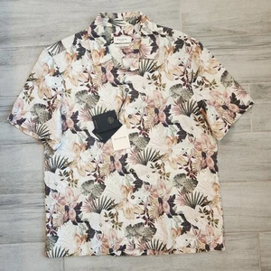 Bugatchi shirt S off white brown 100% fine linen Leaf Floral shaped fit new $185 - Picture 1 of 9