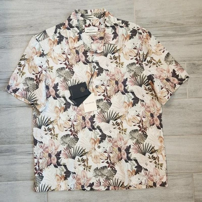 Bugatchi shirt S off white brown 100% fine linen Leaf Floral shaped fit new $185 - Image 1 of 4