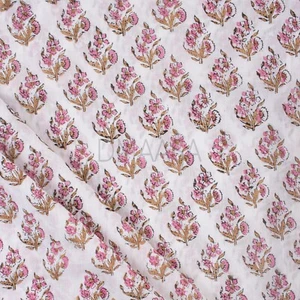 1 Yard Indian Pink Floral Hand Block Print Cotton Fabric Sewing Craft Material - Picture 1 of 5