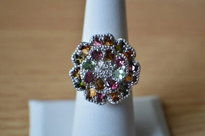 Anillo flor multi turmalina/moissanita de 3,80 quilates platino sobre plata fina talla 7 Foto 1 de 4