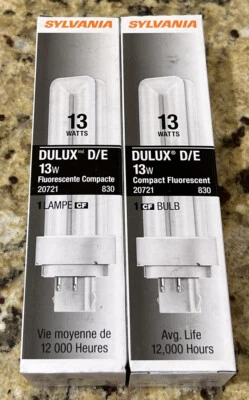 (2)- SYLVANIA DULUX D/E 13W Compact Fluorescent 20721 830 12,000 Hours Lamps NOS - Image 1 of 2