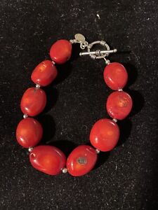 Donna Dressler Red Coral Stone Bead & Sterling Bracelet
