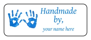 30 Personalized "handmade by" stickers, Labels, tags, blue hand prints - Picture 1 of 1
