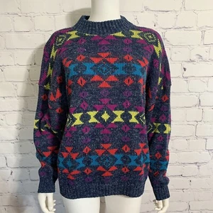 Vintage Private Eyes Women’s Sweater M/L Multi Color Geometric Pullover USA - Picture 1 of 4