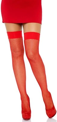 Stockings Fishnet Nylon Thigh High Band Tops Leg Avenue 9011 Red Black - Image 1 of 4