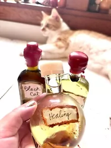 3 Oil Potions Black Cat Glory Road Healing Huge Antique Bottles Super Power - Picture 1 of 2