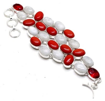 Brazalete de plata de ley 925 con piedras preciosas de coral rojo y piedras lunares tamaño-7-8" Foto 1 de 4