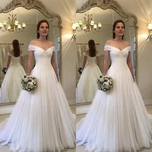 Vestidos de novia de gasa fuera del hombro tren de barrido línea A fruncidos vestidos de novia - Imagen 1 de 19