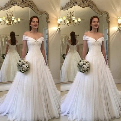 Chiffon Wedding Dresses Off The Shoulder Sweep Train A Line Ruching Bridal Gowns - Image 1 of 4
