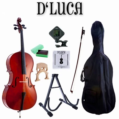 Paquete de 4/4 violonchelo D'Luca Meister con soporte libre, bolsa, cuerdas, afinador, colofonia y arco Foto 1 de 4