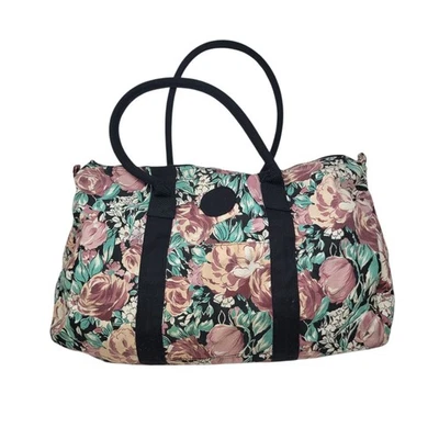 Vintage Canvas Duffel Bag Floral 19 x 14" Overnight Weekender Travel Black Tote - Image 1 of 4