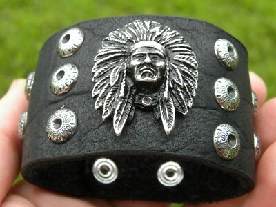 Indian chief head Bison leather cuff bracelet wristband for motorcycle biker  - Image 1 of 4