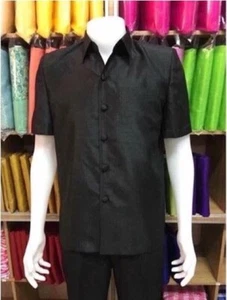 Men Shirt Cloth Thai Traditional Outfit Short Sleeve Uniform Top Summer - Picture 1 of 2