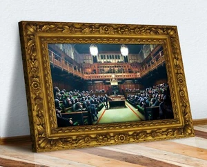 AFFE PARLAMENT LEINWANDKUNST KUNSTWERK GRAFFITI GEDRUCKTER RAHMEN BANKSY STIL - Bild 1 von 9