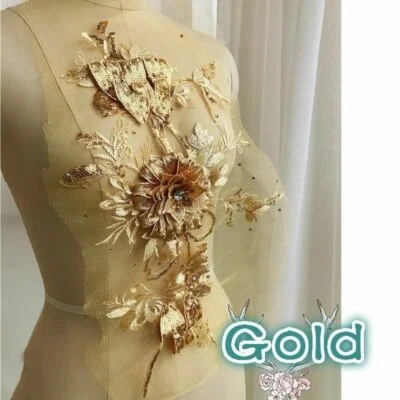 3D Paillette Beaded Floral Lace Applique Patch Wedding Dress Decor Sewing DIY - Image 1 of 4