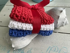 Handmade Cotton Crocheted Dishcloths Set Of 3 Patriotic Themed - Picture 1 of 3