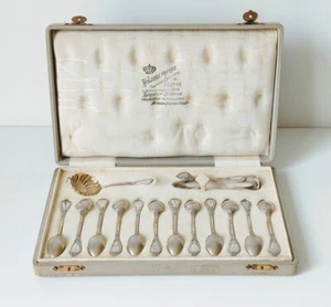 Antique Solid Silver Tea Set Wolfers 6 Spoons Tongs Sprinkling Spoon Boxed c1910 - Picture 1 of 8