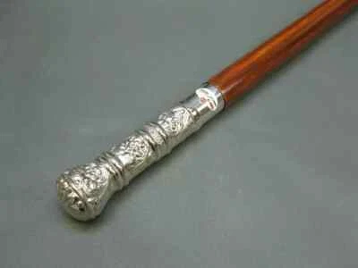 Vintage Solid Silver Brass Handle Antique Victorian Cane Wooden Walking Stick - Image 1 of 4