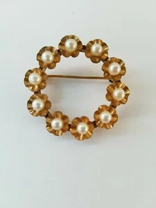 Antique Round Gold Plated Pin With Real Pearls 1/20 12k Gf In Great Condition - Picture 1 of 7