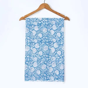 Indian Pure Cotton Blue Hand Block Print Floral Fabric by the Yard - Picture 1 of 8