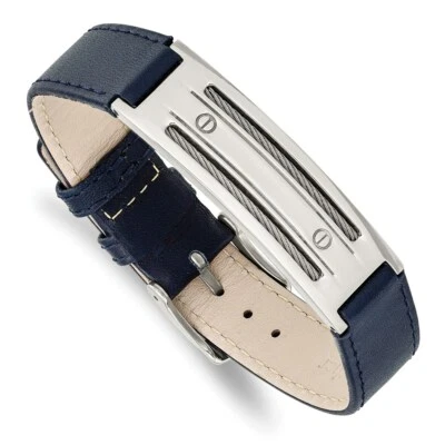 Stainless Steel Blue Leather w/Wire Adjustable Buckle Bracelet - Image 1 of 4