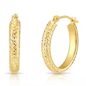 14K Real Solid Gold X Diamond-Cut Chunky Oval Creole Hoops Earrings All Size - Picture 1 of 10