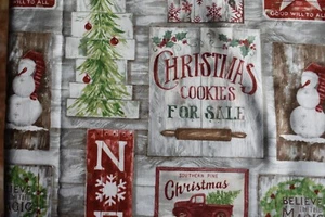 CHRISTMAS ART ON GRAY WOOD PRINT 100% COTTON FABRIC 29X42 INCHES - Picture 1 of 2