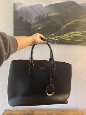 Ralph Lauren Black And Red Marcy Leather Satchel Tote Bag Purse Shoulder Bag - Image 1 of 4