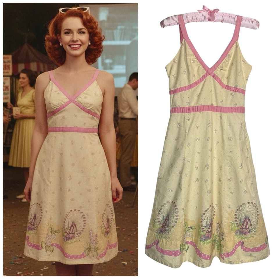 Anthropologie 摩天轮嘉年华礼服高架尺寸 2 黄色粉红色复古 50 年代 — 第 1/4 张图片