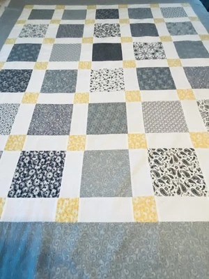 QUILT TOP~56” X 64”.  GRAYS & YELLOW~BED, BABY, SOFA, DECOR~PIECED~.U.S.A. - Image 1 of 4